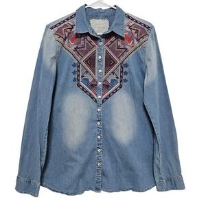 Johnny Was 3J Workshop Embroidered Chambray Shirt Boho Southwestern Folk Medium